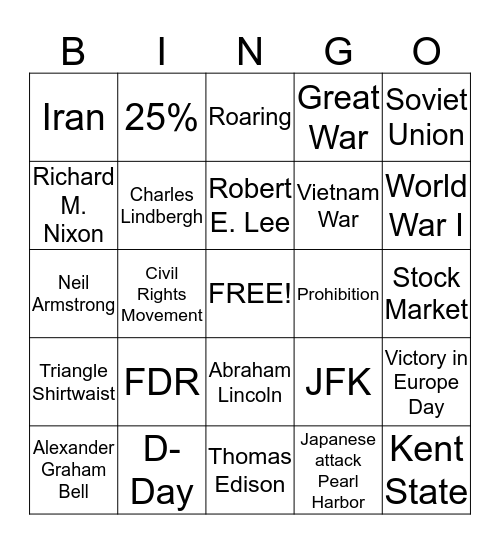 U.S. History Review Bingo Card