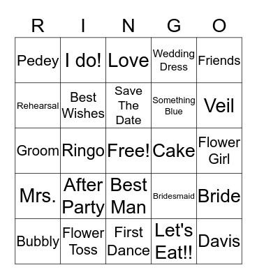 Kellie's Bridal Bingo Card