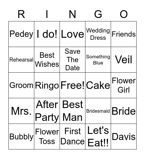 Kellie's Bridal Bingo Card