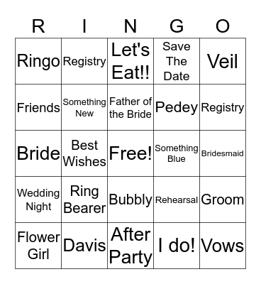 Kellie's Bridal Bingo Card