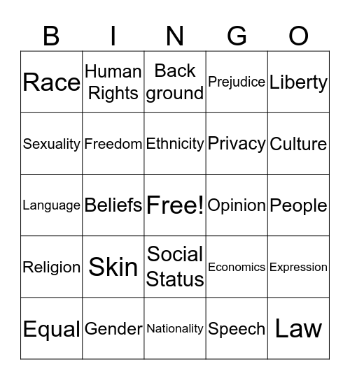 Freedom From Discrimination Bingo Card