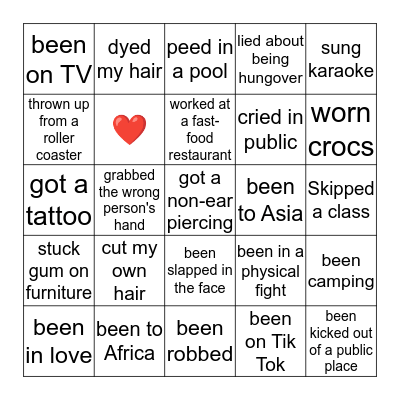 Never-Have-I-Ever  Bingo Card