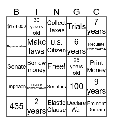 U.S. Congress Bingo Card