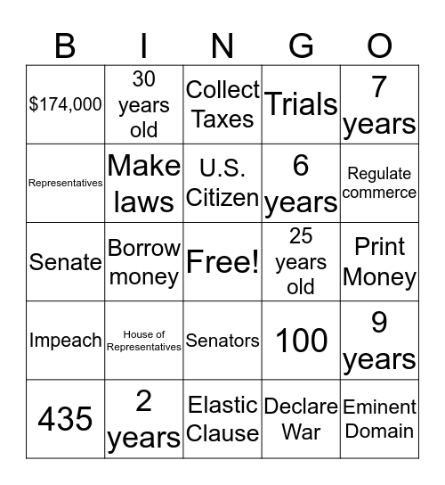 U.S. Congress Bingo Card