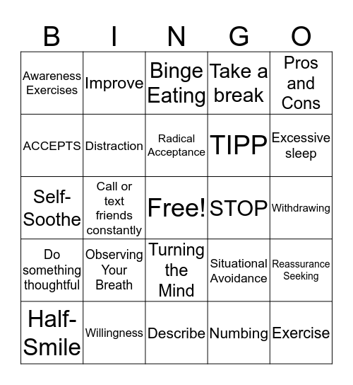 Distress Tolerance Bingo Card