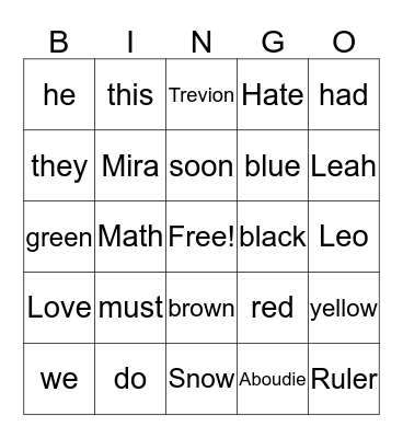 Sight Words Bingo Card