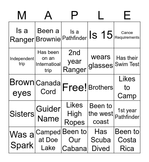 Maple Wonder Weekend Bingo Card