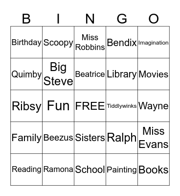 Ramona and Beezus Bingo Card