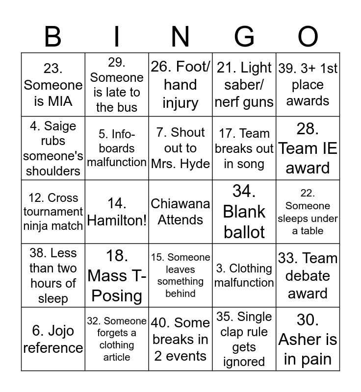 Speech Bingo Card