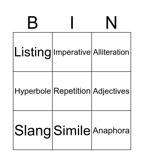Language Features Bingo Card