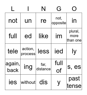 Prefix-Suffix Lingo 123 Bingo Card