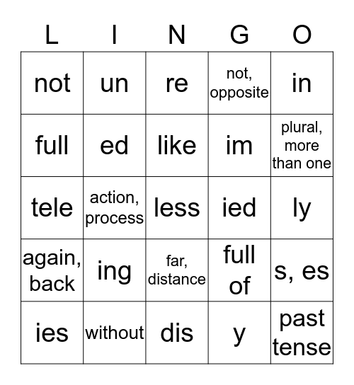 Prefix-Suffix Lingo 123 Bingo Card