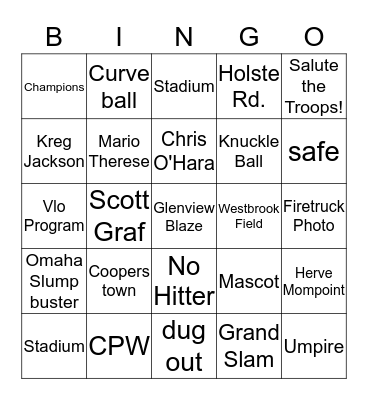 Glenview Blaze Baseball Bingo! Bingo Card