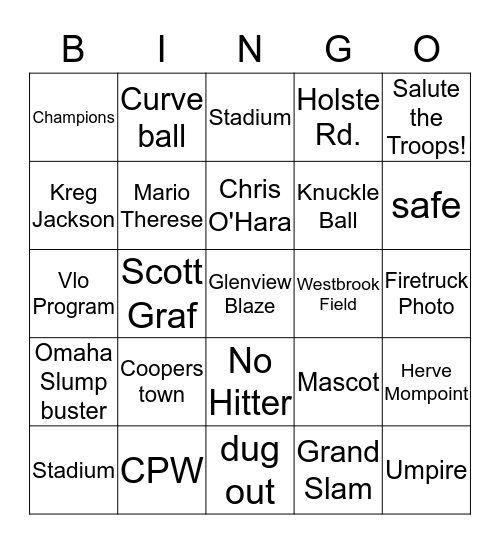 Glenview Blaze Baseball Bingo! Bingo Card