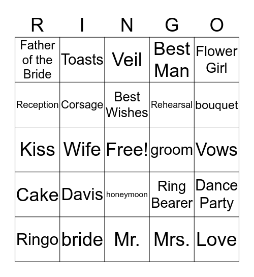 Kellie's Bridal Bingo Card