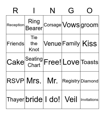 Kellie's Bridal Bingo Card