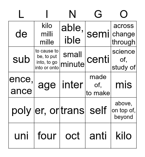 Prefix-Suffix Lingo 456 Bingo Card