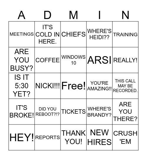 ADMIN BINGO Card