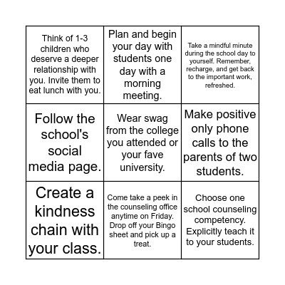National School Counseling Week BINGO Card