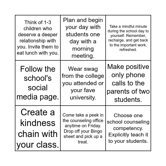 National School Counseling Week BINGO Card