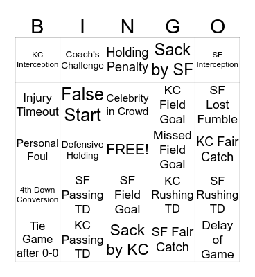 Super Bowl Bingo Card