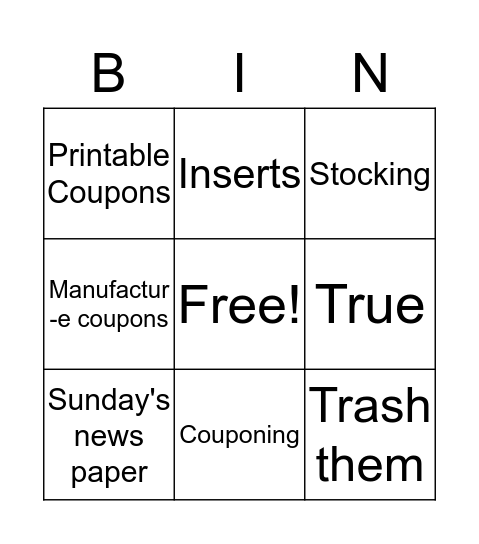 Couponing Bingo Card