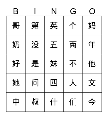 family unit Bingo Card