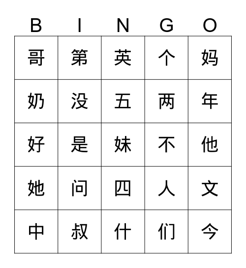 family unit Bingo Card