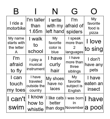 Find someone in the room who matches each square and have them sign it! Each person can only sign one square. The first person to get five squares in a row wins!  Bingo Card