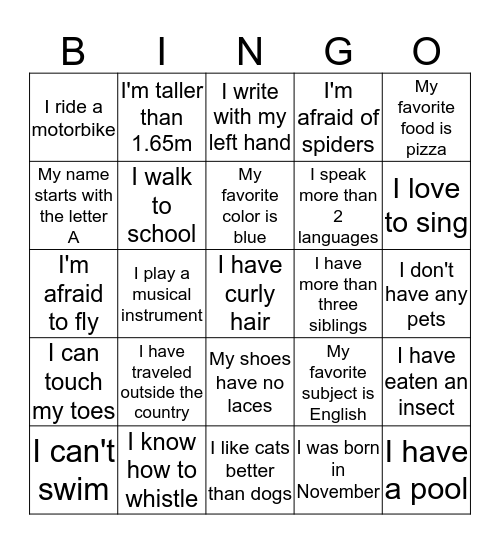 Find someone in the room who matches each square and have them sign it! Each person can only sign one square. The first person to get five squares in a row wins!  Bingo Card