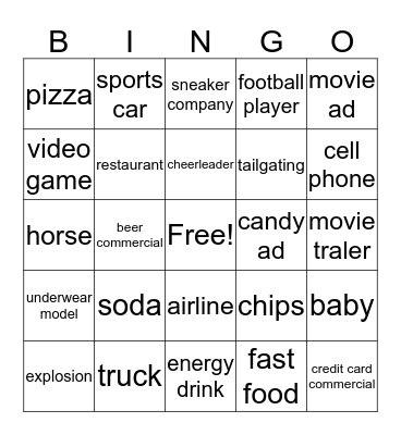 SUPER BOWL COMMERCIAL Bingo Card