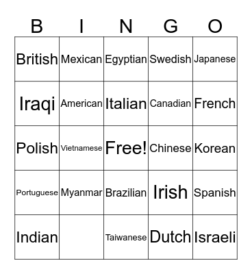 Nationalities Bingo Card