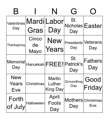 American Holidays Bingo Card