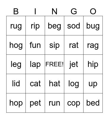 Short Vowel Bingo Card