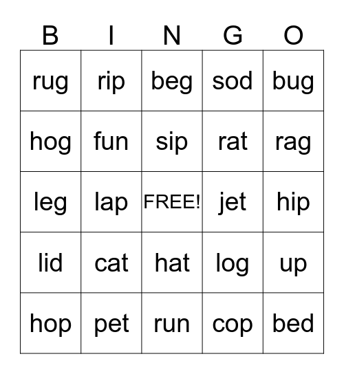Short Vowel Bingo Card
