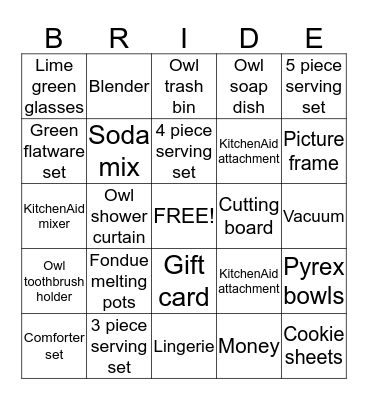 Kirsten's Bridal Shower Bingo Card