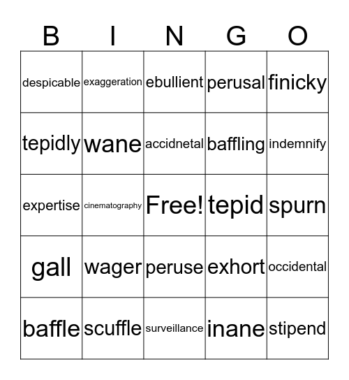 Vocabulary #2 Bingo Card