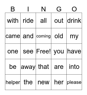 Sight Words Bingo Card