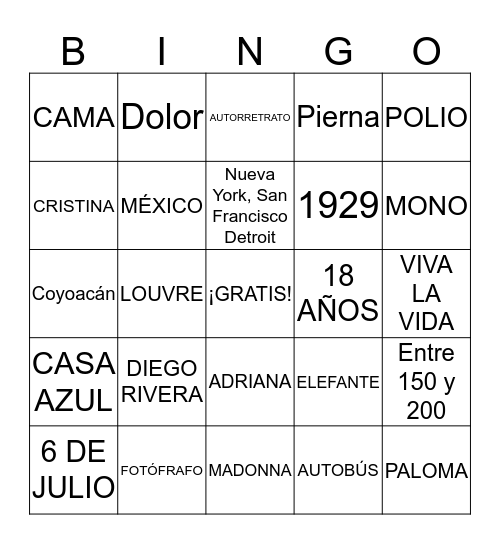 FRIDA KAHLO Bingo Card