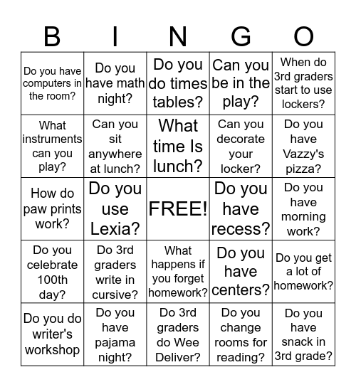 What Happens In 3rd Grade Bingo Card