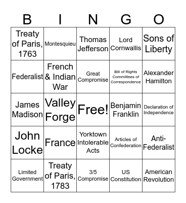 Unit Two: Road to Revolution Bingo Card