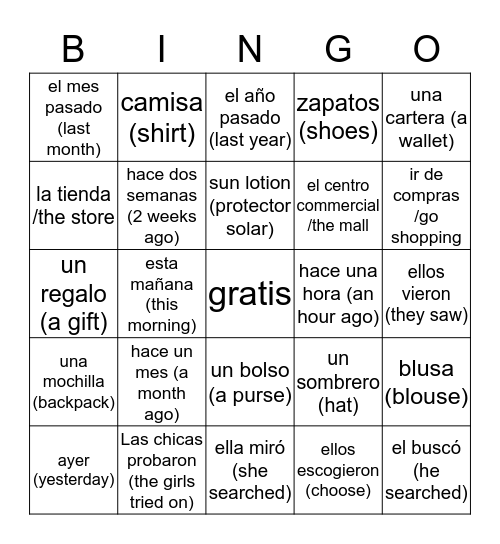 De compras y lugares Bingo Card