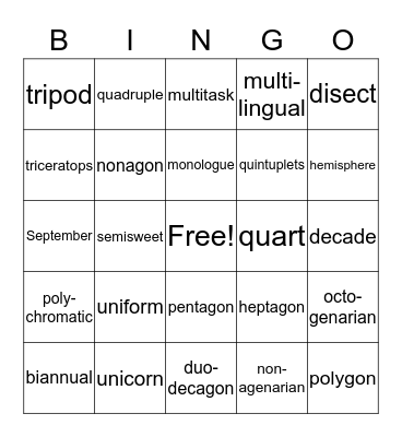 Number Prefixes Bingo Card