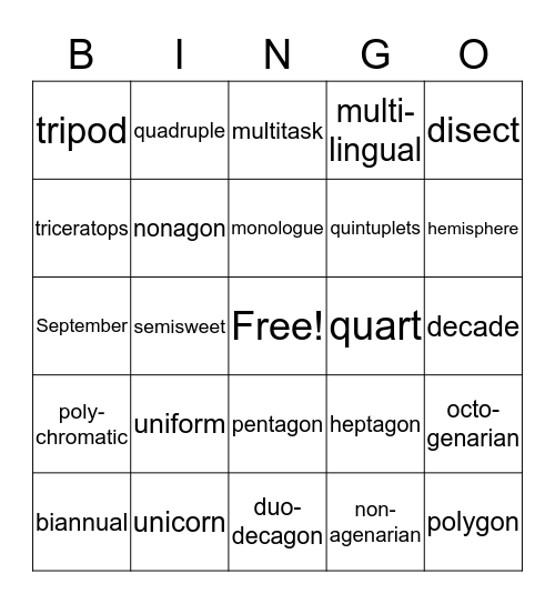 Number Prefixes Bingo Card