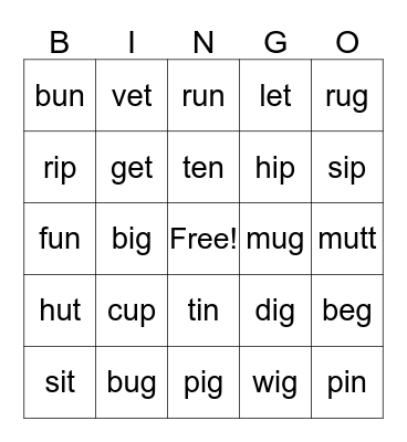 Short "i",  "u", & "e" Bingo Card