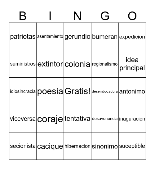 Vocabulario 1.30.2020 Bingo Card