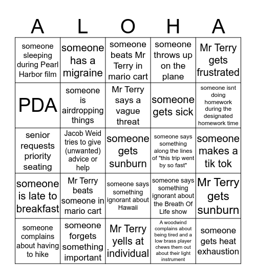 BAND TRIP 2020 HAWAII BINGO Card