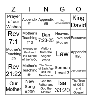 ZINGO! Bingo Card