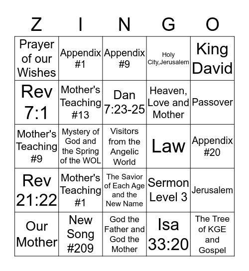 ZINGO! Bingo Card