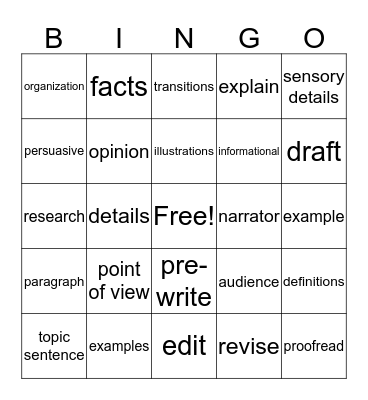 Writing Bingo ! Bingo Card